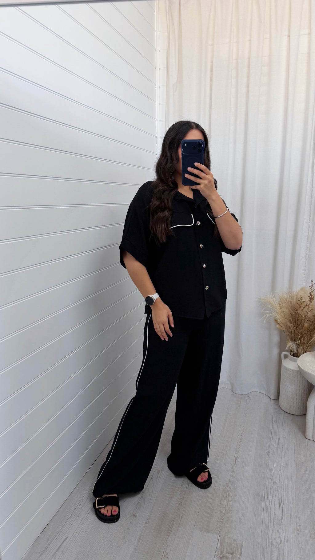 White Piped Shirt and Trousers Co-Ord - BLACK