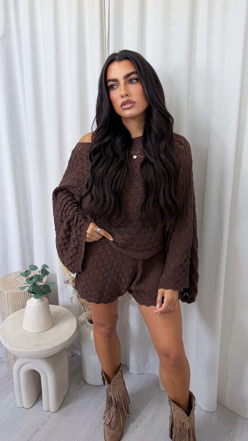 Crochet Knit Bardot Top and Shorts Co-Ord - BROWN