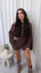 Crochet Knit Bardot Top and Shorts Co-Ord - BROWN