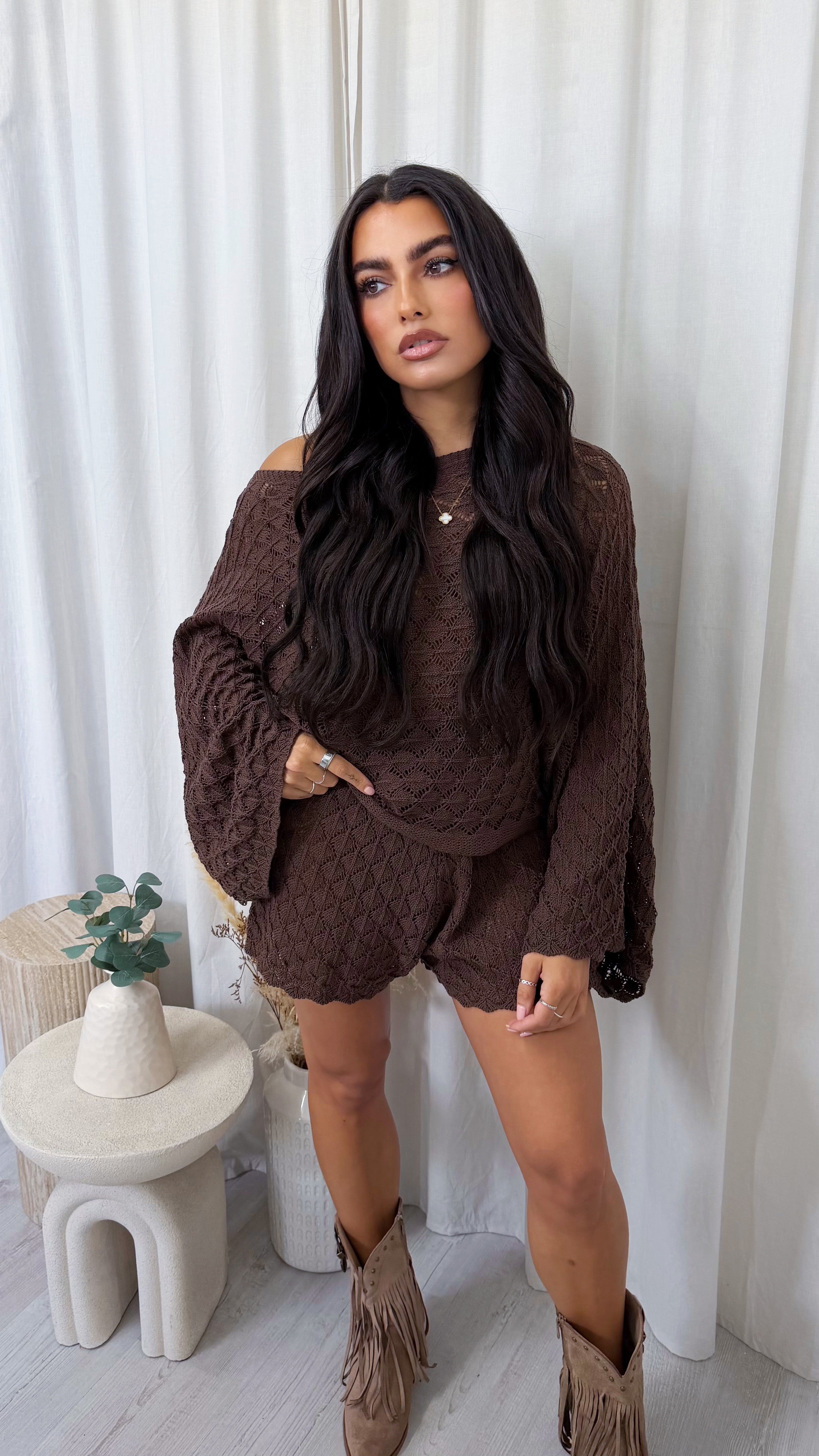 Crochet Knit Bardot Top and Shorts Co-Ord - BROWN