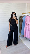 Gold Clasp Ruched Top and Wide Leg Trousers Co-Ord - BLACK