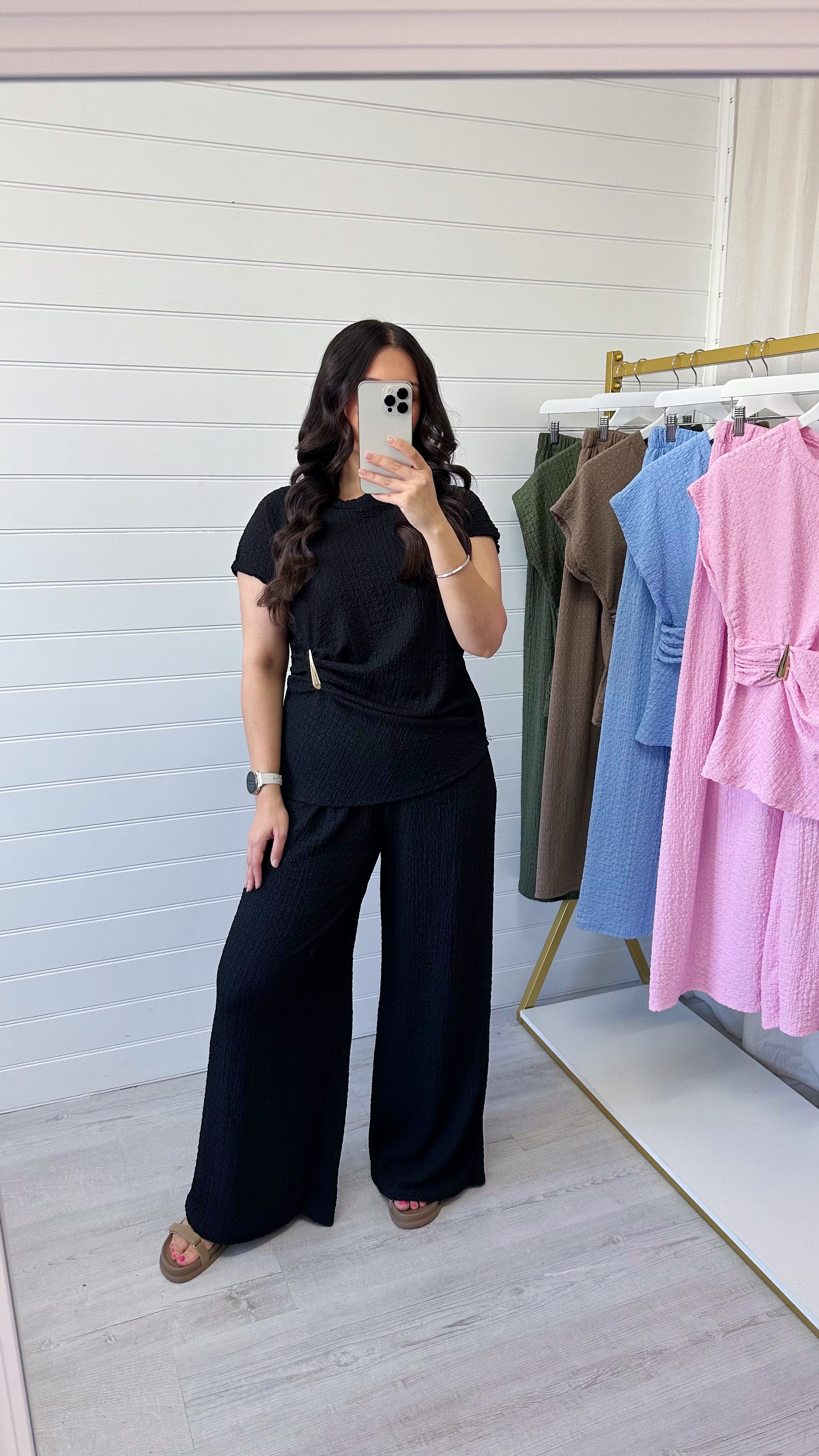 Gold Clasp Ruched Top and Wide Leg Trousers Co-Ord - BLACK