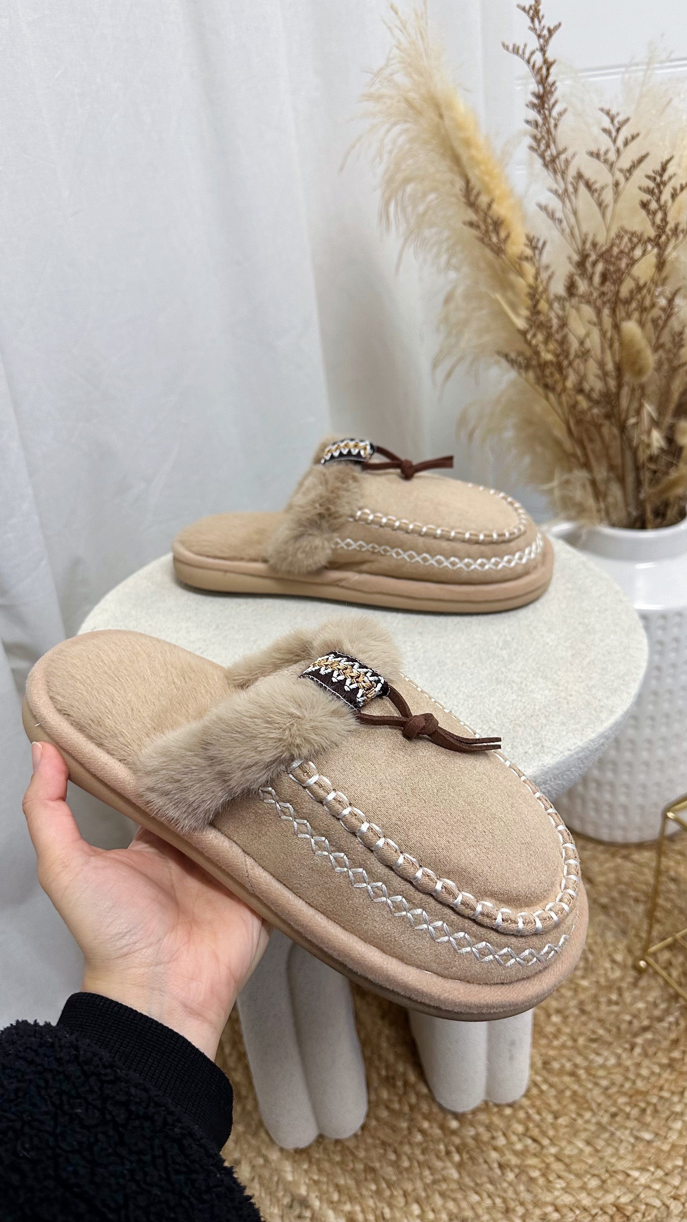 Embroidered Trim Faux Fur Slippers - BEIGE