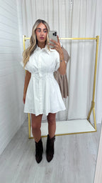 Pleated Waist Shirt Dress - WHITE