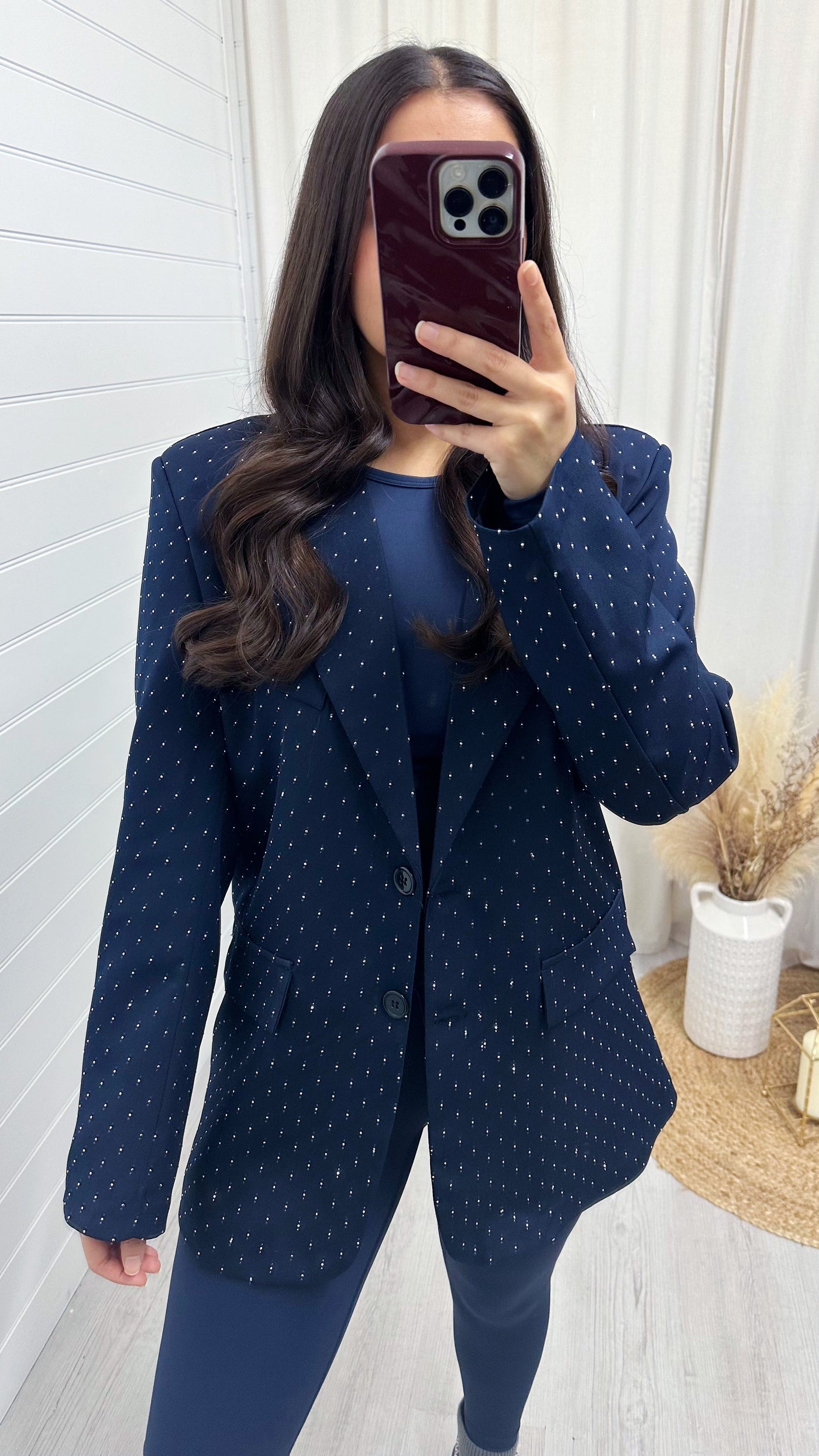 Oversized Rhinestone Boyfriend Blazer - NAVY