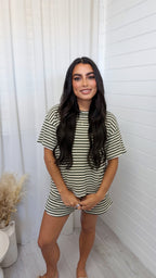 Stripey Knit T-Shirt and Shorts Co-Ord - KHAKI
