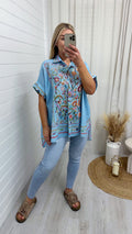 Tapestry Print Linen Shirt - BLUE