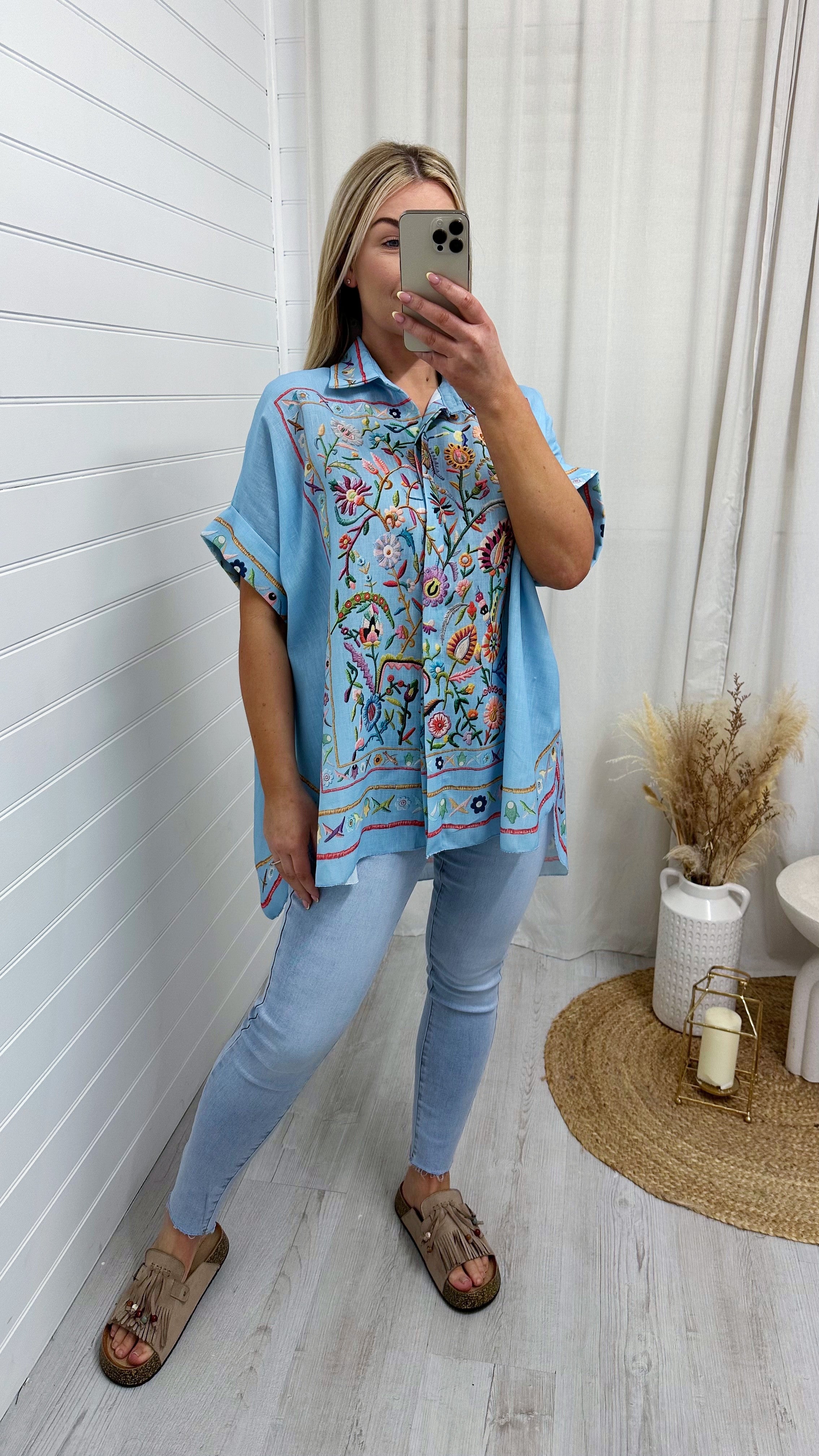 Tapestry Print Linen Shirt - BLUE