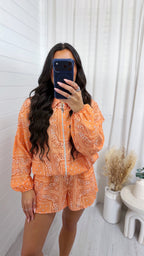 Bandana Print Satin Bomber Jacket and Shorts Co-Ord - ORANGE