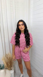 Oversized Stripe T-Shirt and Shorts Co-Ord - PINK