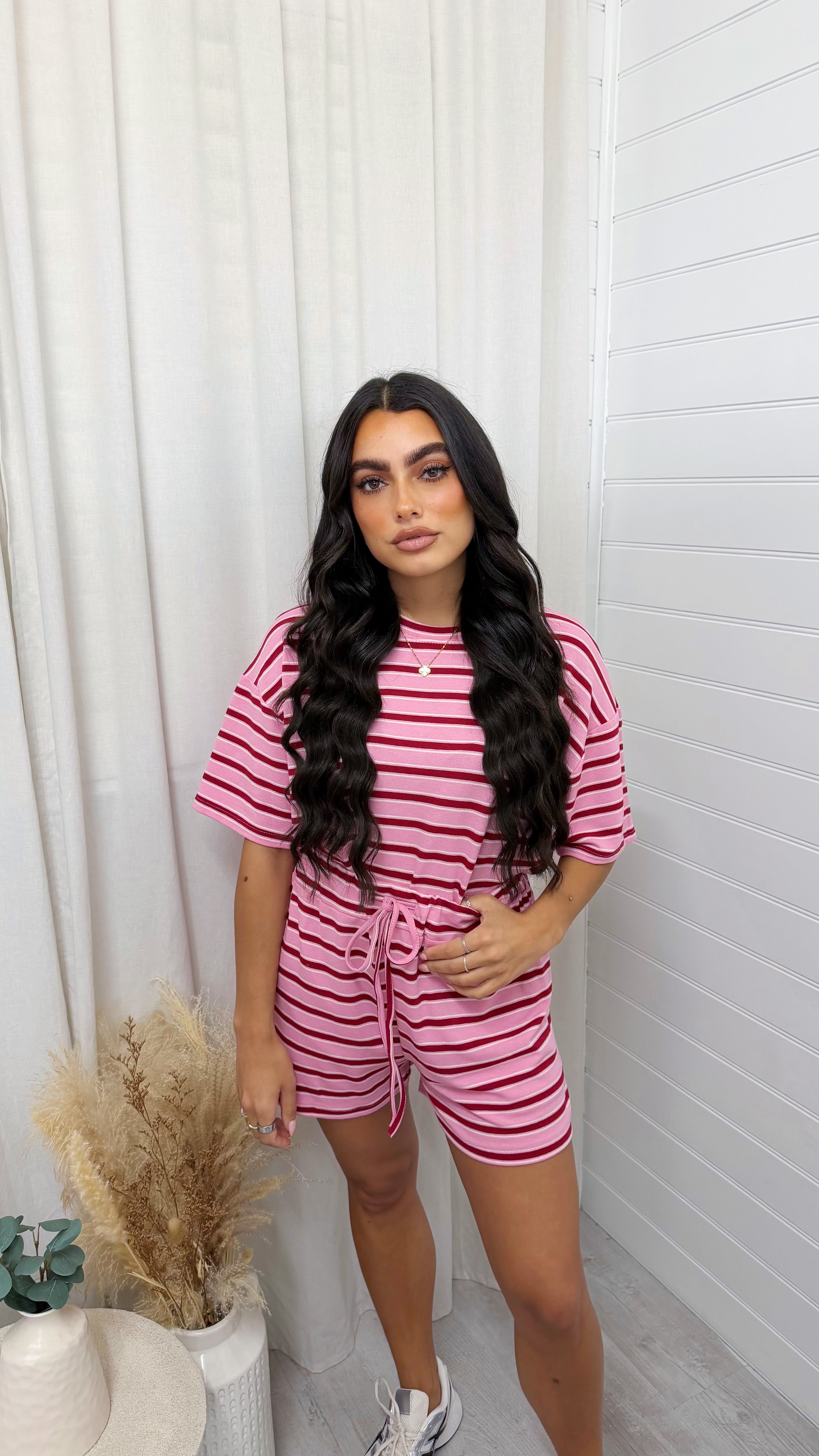 Oversized Stripe T-Shirt and Shorts Co-Ord - PINK