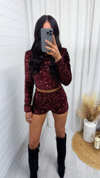 Sequin Velvet Long Sleeve Crop Top - WINE