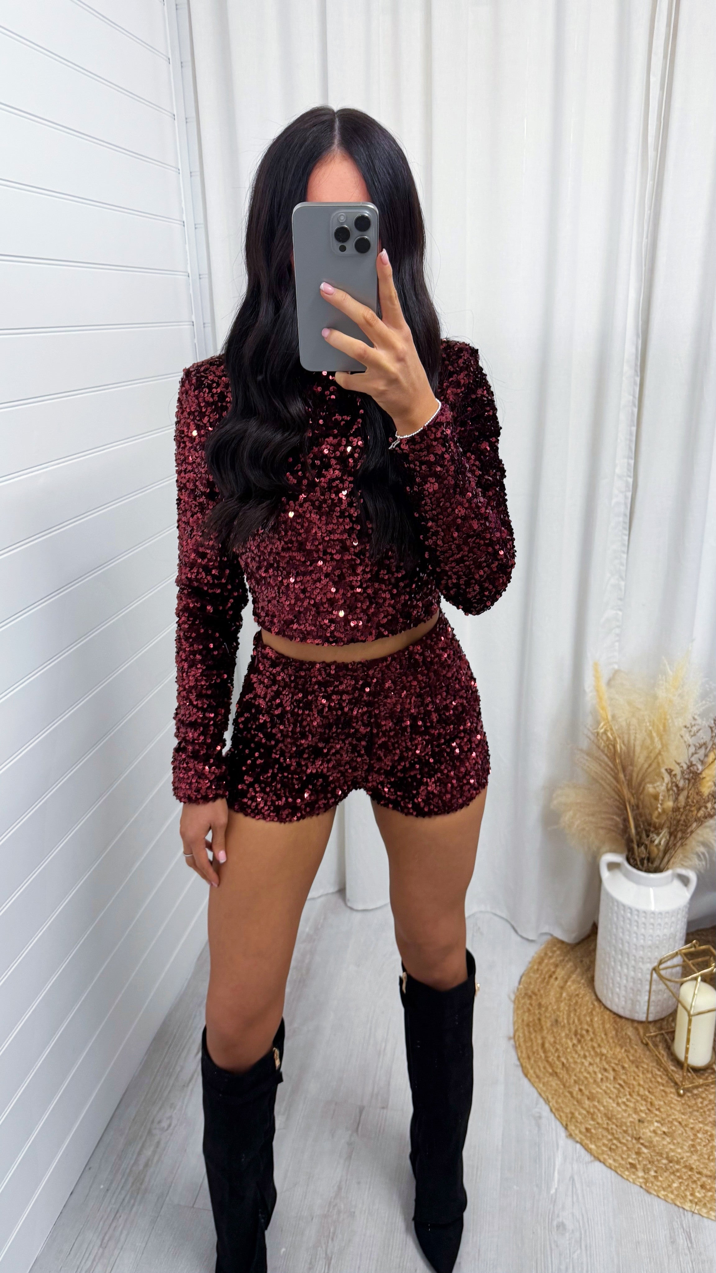 Sequin Velvet Long Sleeve Crop Top - WINE