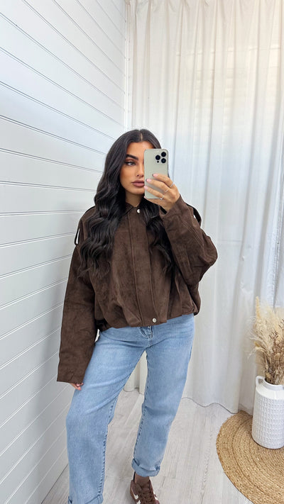 Suede Baggy Sleeve Lapel Bomber Jacket - BROWN