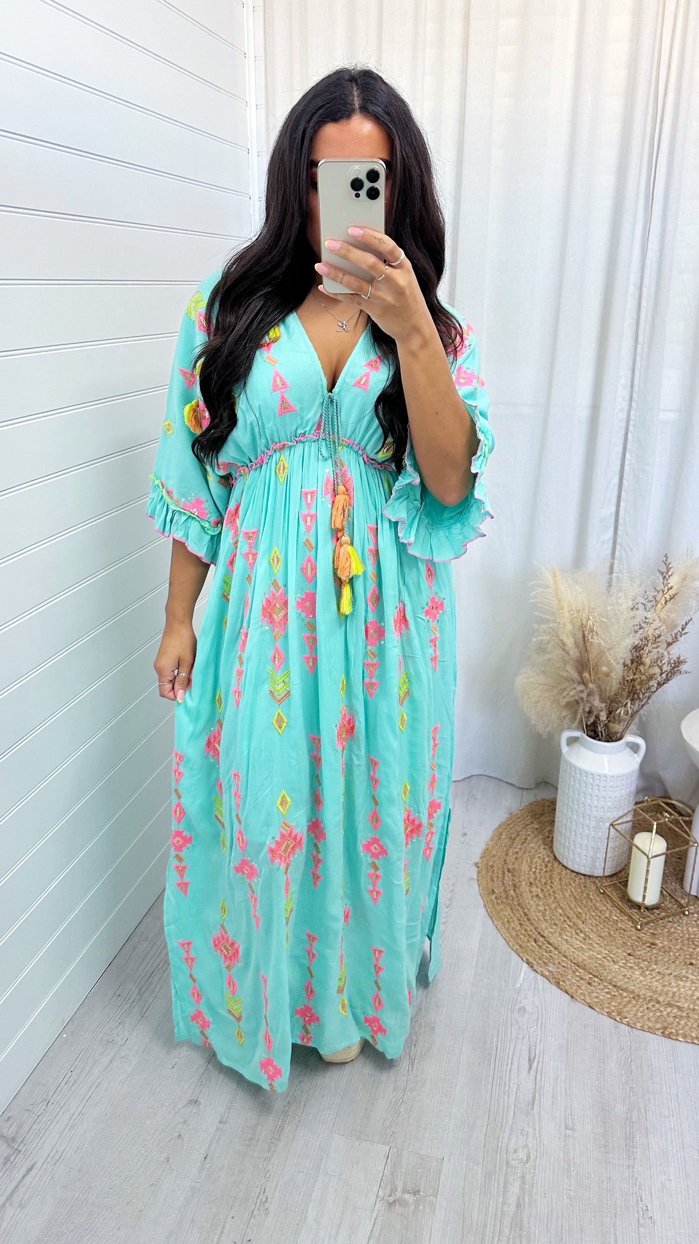 Aztec Beaded V Neck Maxi Dress - TURQUOISE