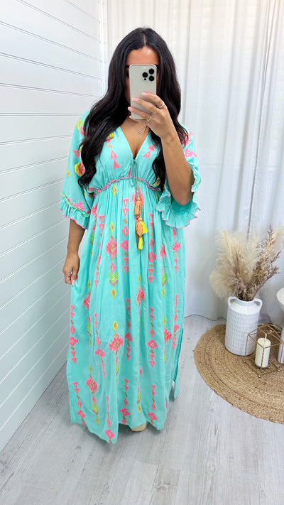 Aztec Beaded V Neck Maxi Dress - TURQUOISE