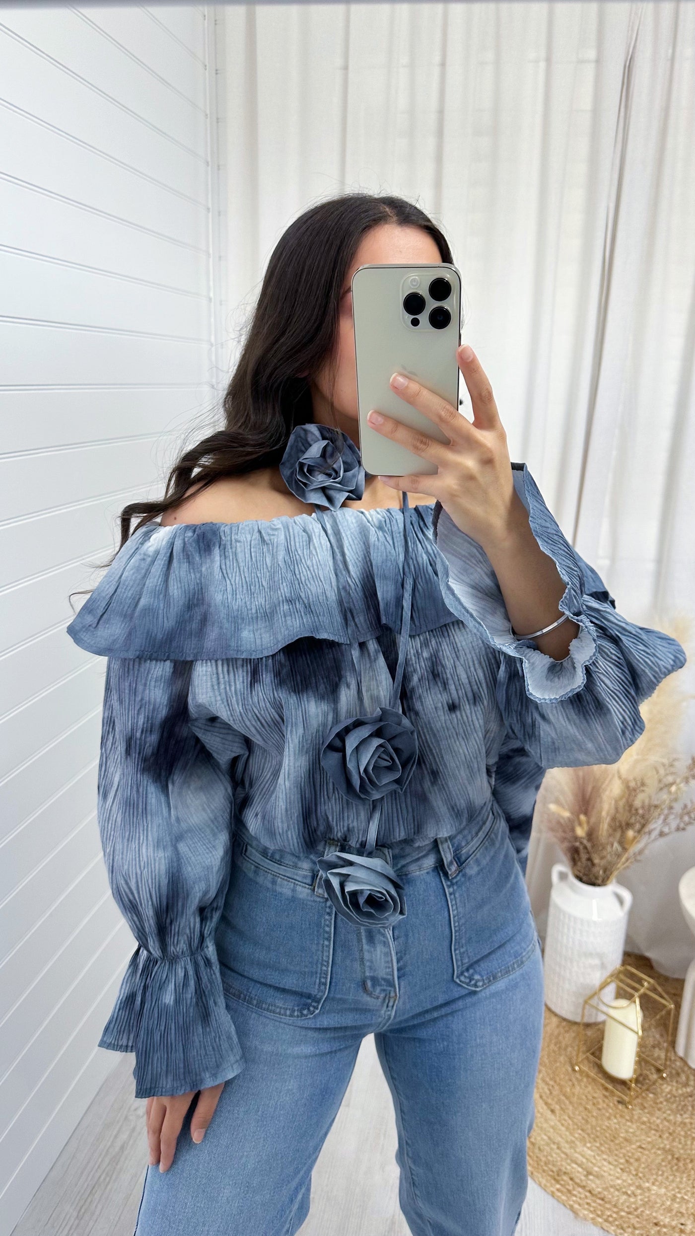 Tie Dye Bardot Top with Corsage - NAVY