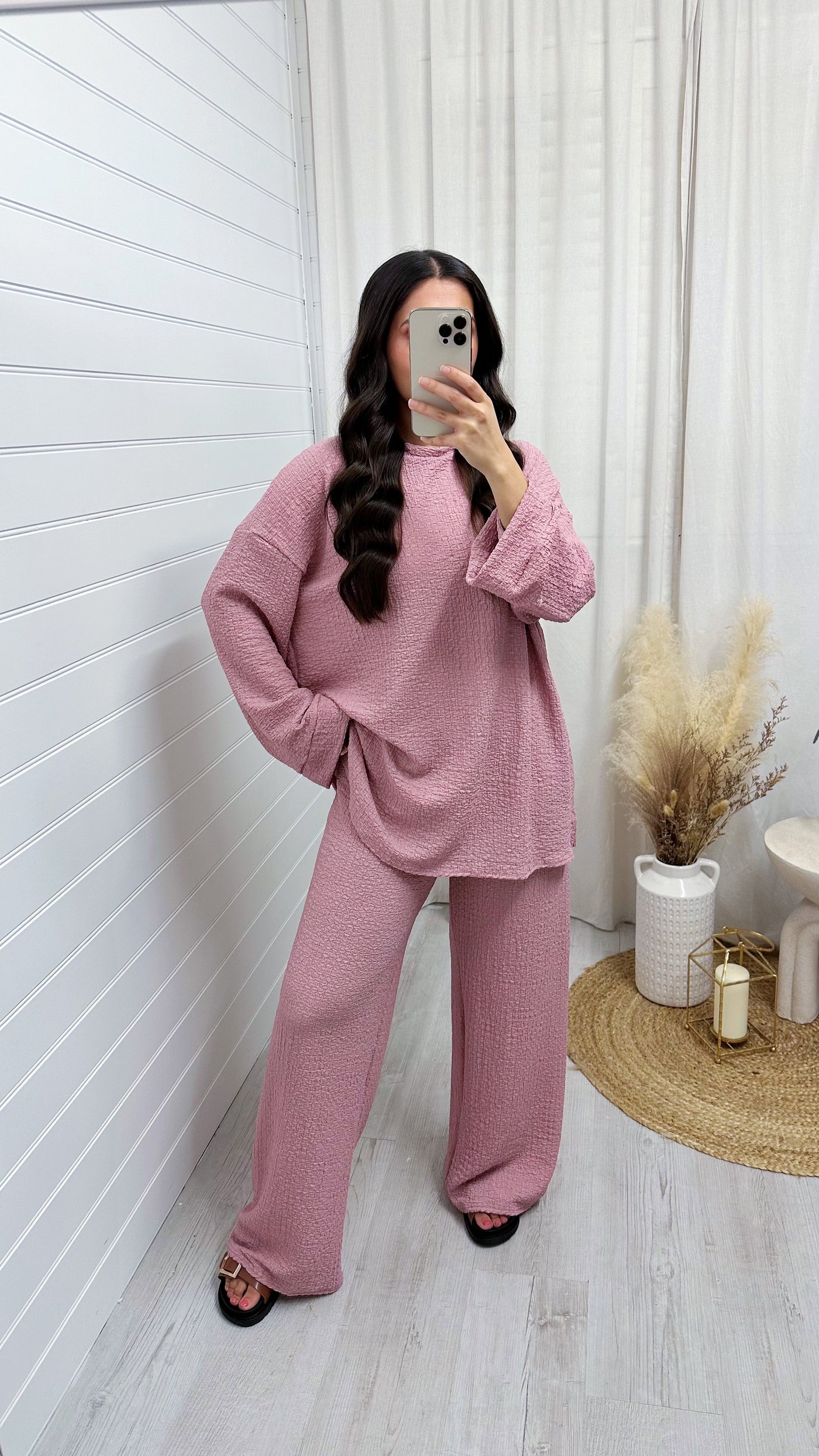 Loose Fit Cheesecloth Long Sleeve Top and Trousers Co-Ord - DUSTY PINK