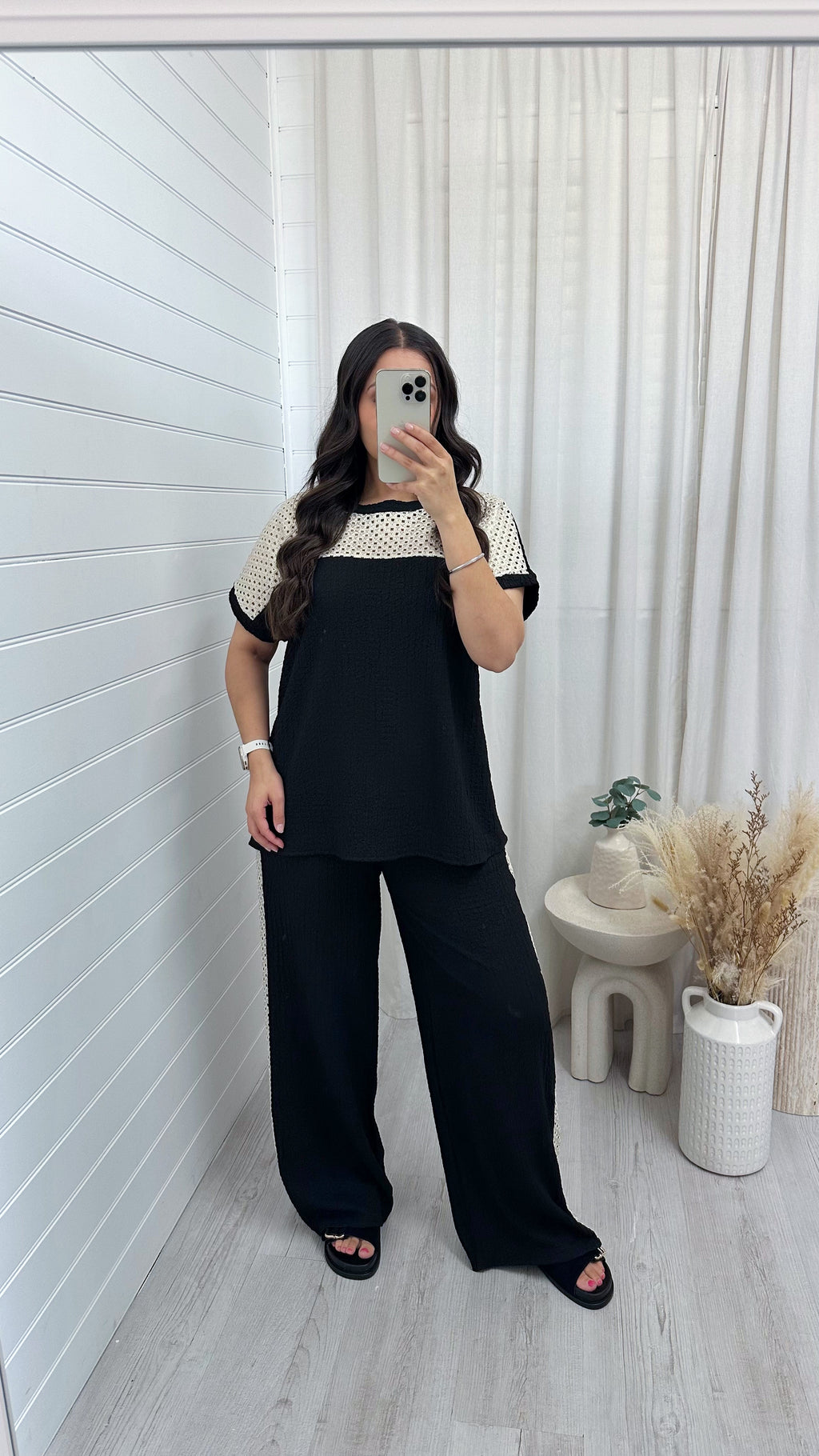 Metallic Mesh T-Shirt and Trouser Co-Ord - BLACK
