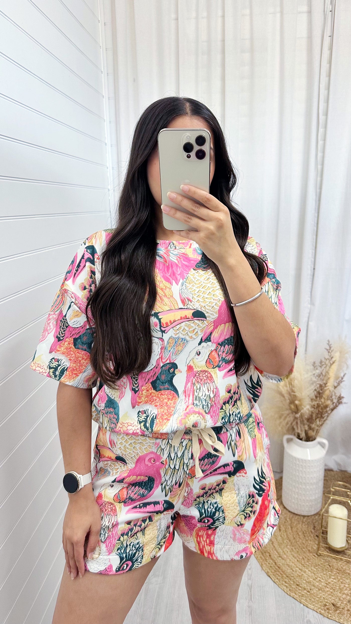 Bird Print T-Shirt and Shorts Co-Ord - PINK