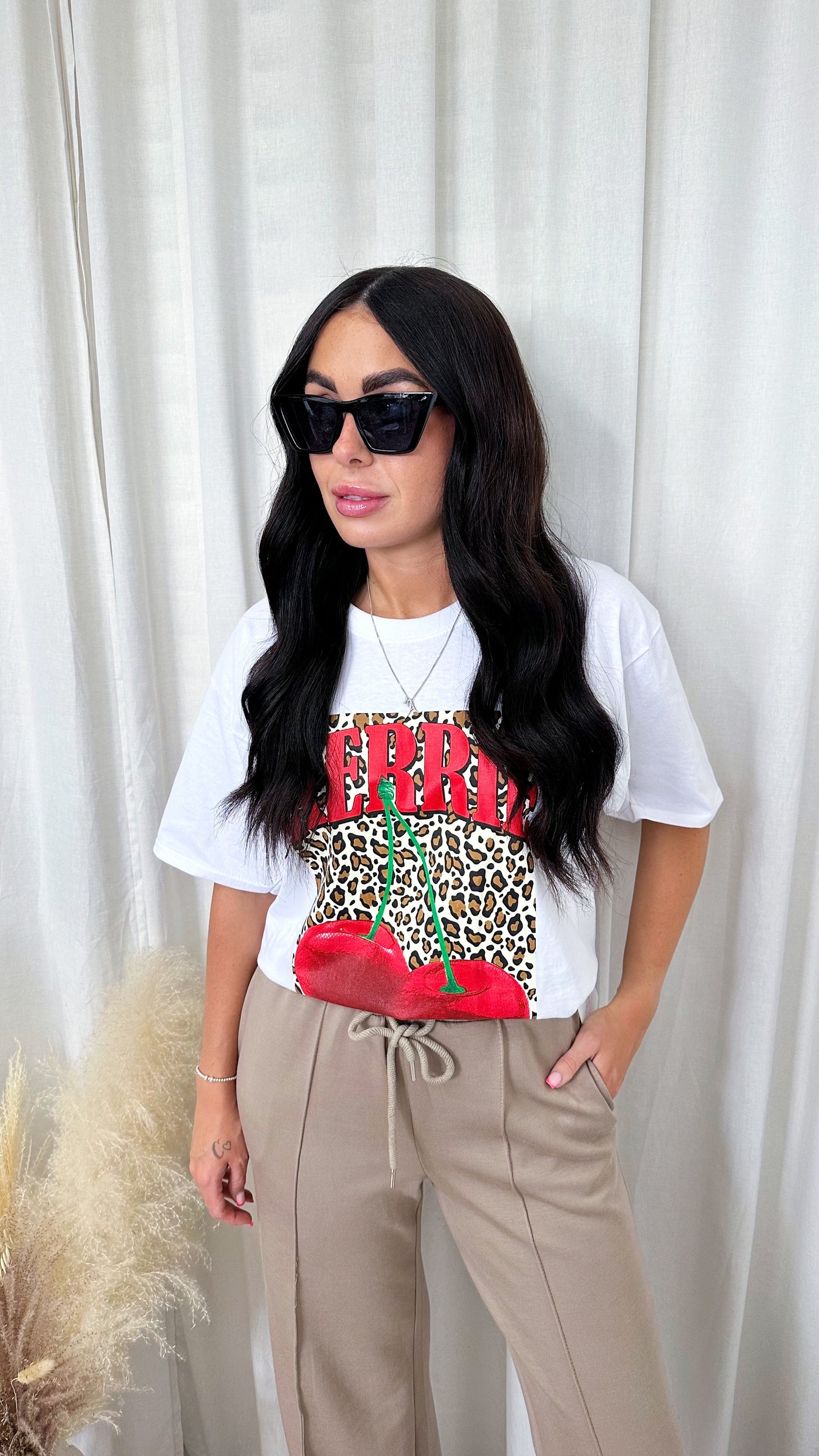 Leopard Print Cherries Oversized T-Shirt - WHITE