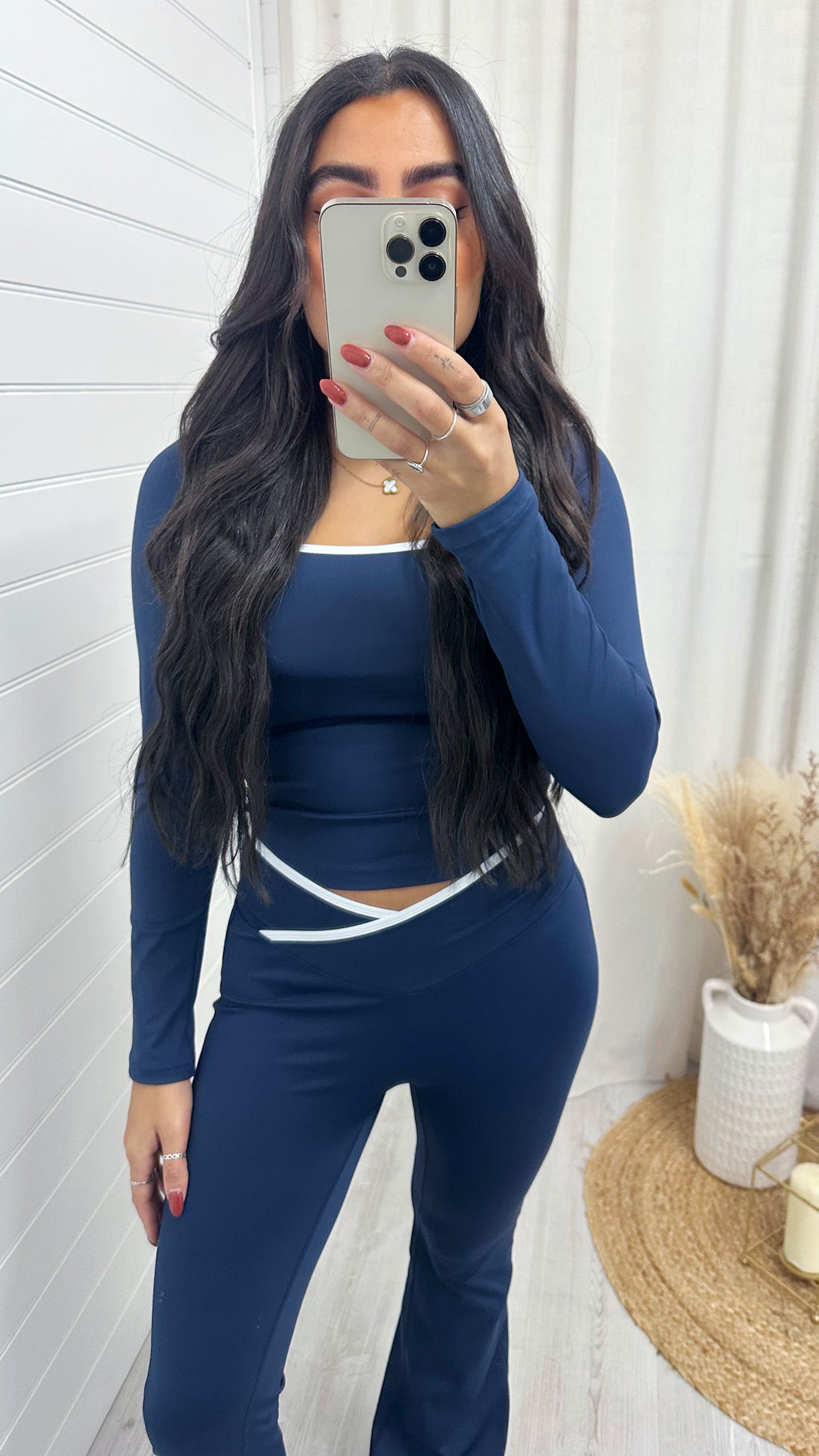 Long Sleeve Top and Wrap Over Flares Gym Set - NAVY