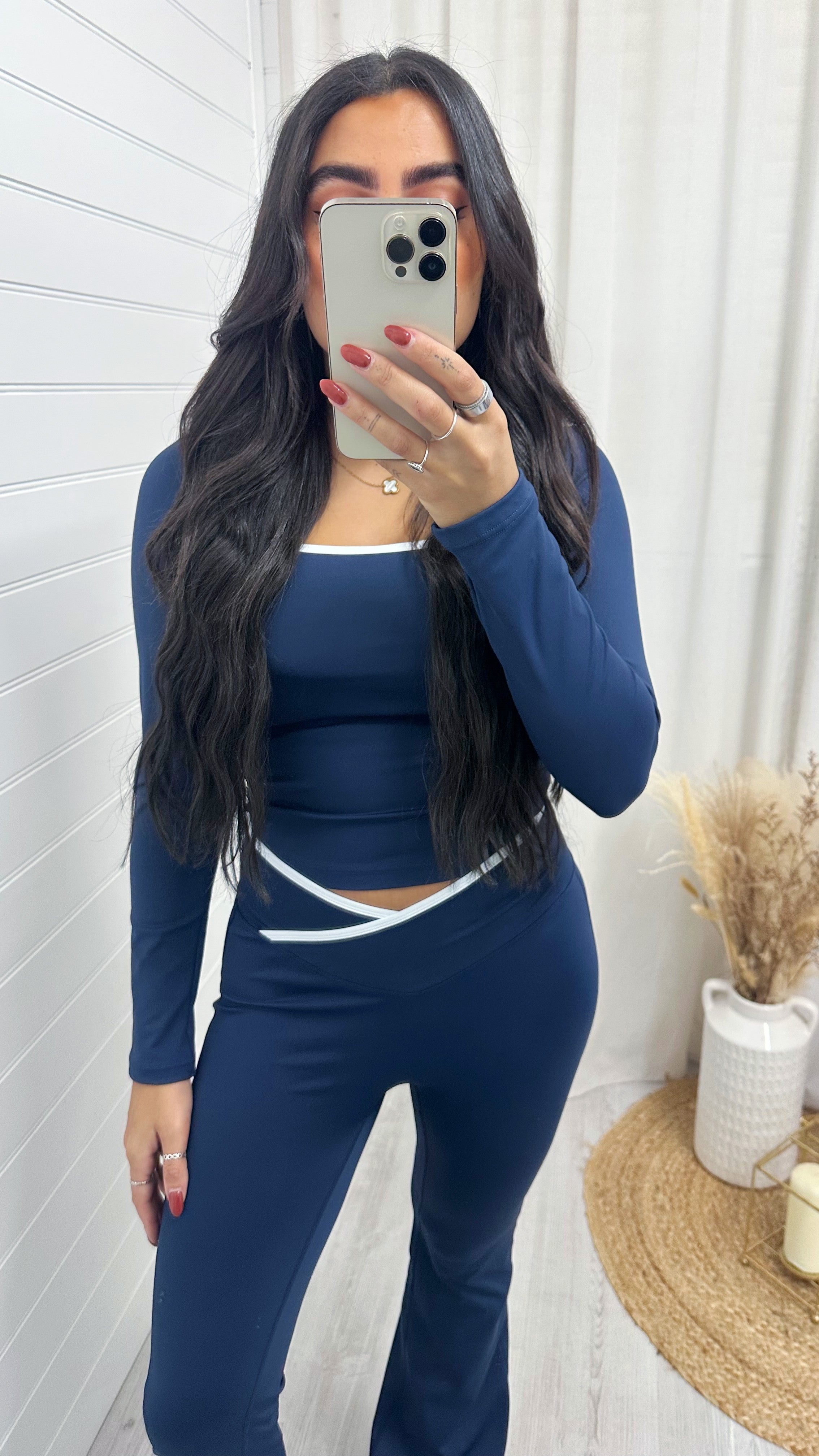 Long Sleeve Top and Wrap Over Flares Gym Set - NAVY