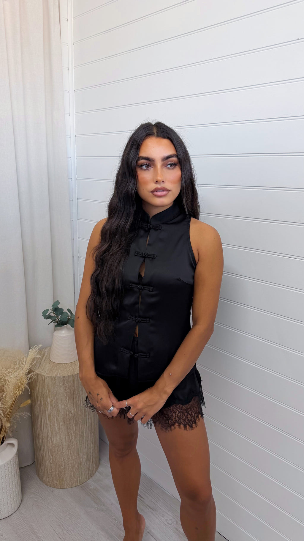 Satin High Neck Waistcoat - BLACK