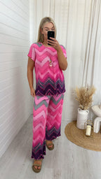 Zig Zag Pleated Top and Trousers Co-Ord - PINK