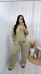 Cheesecloth Gold Button Shirt and Trousers Co-Ord - TAUPE
