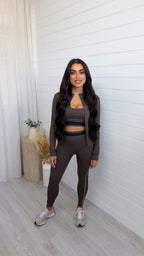 3 Piece Piped Activewear Set - BROWN
