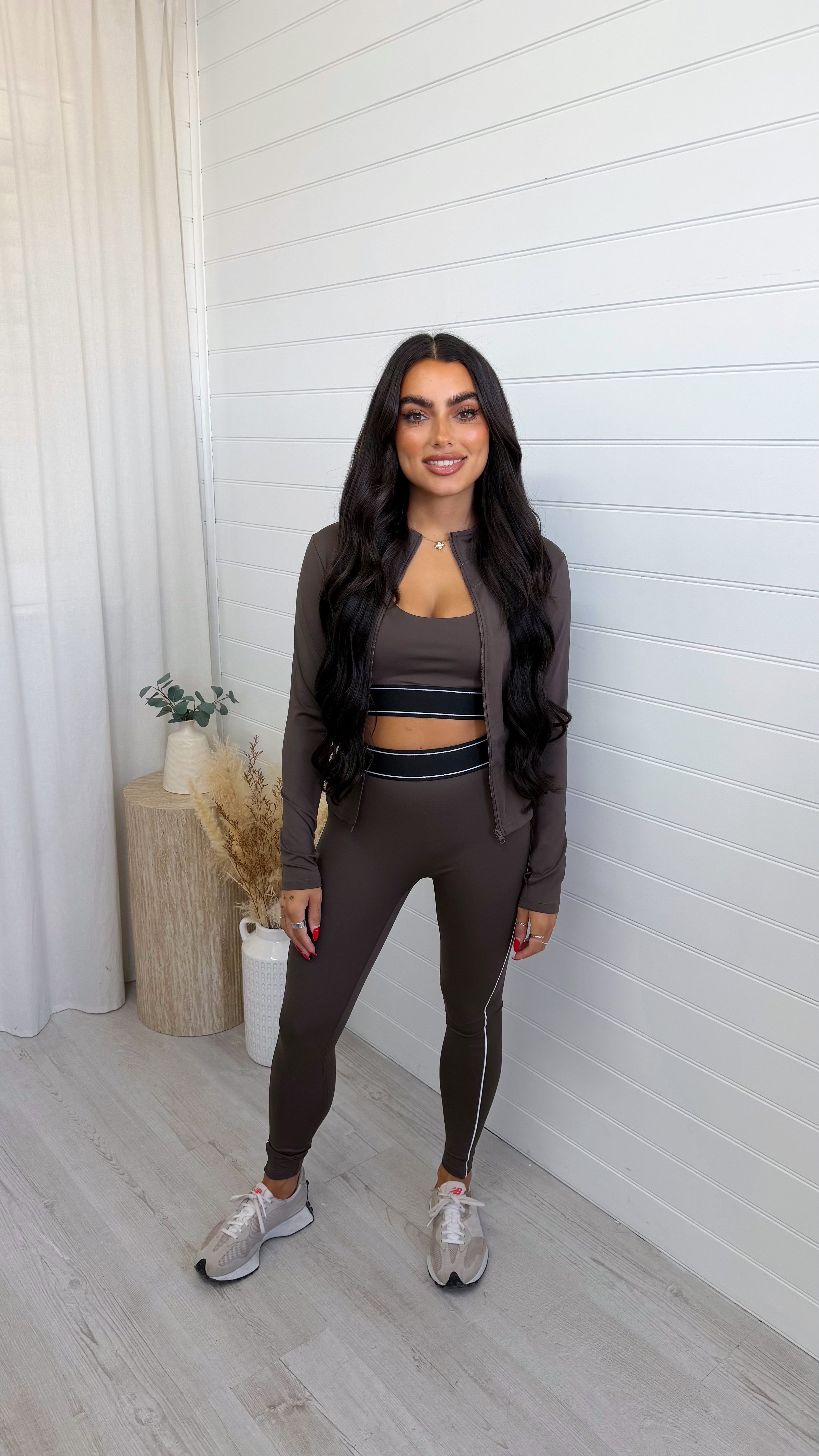 3 Piece Piped Activewear Set - BROWN