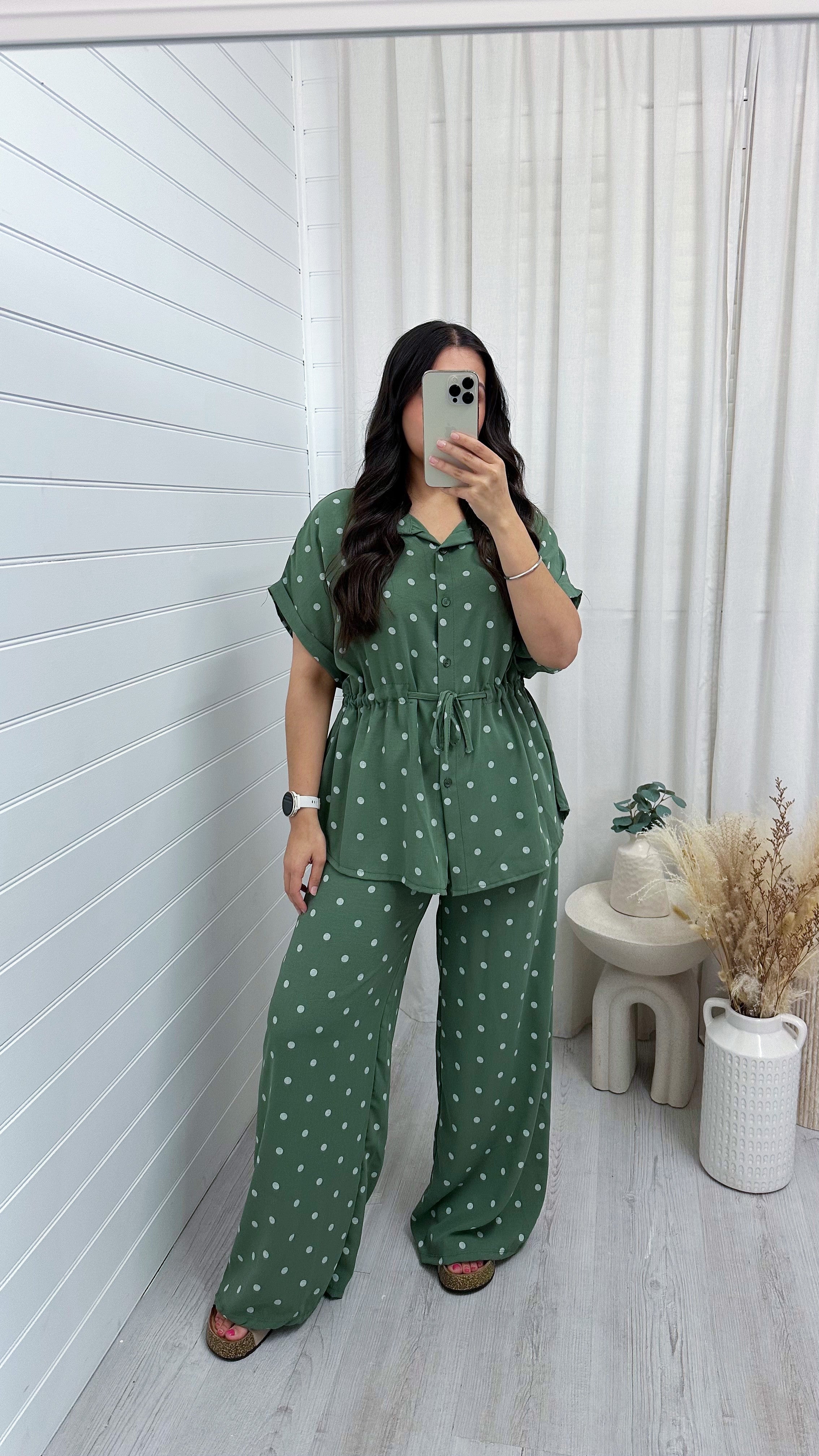 Polka Dot Cinched Shirt and Trousers Co-Ord - KHAKI