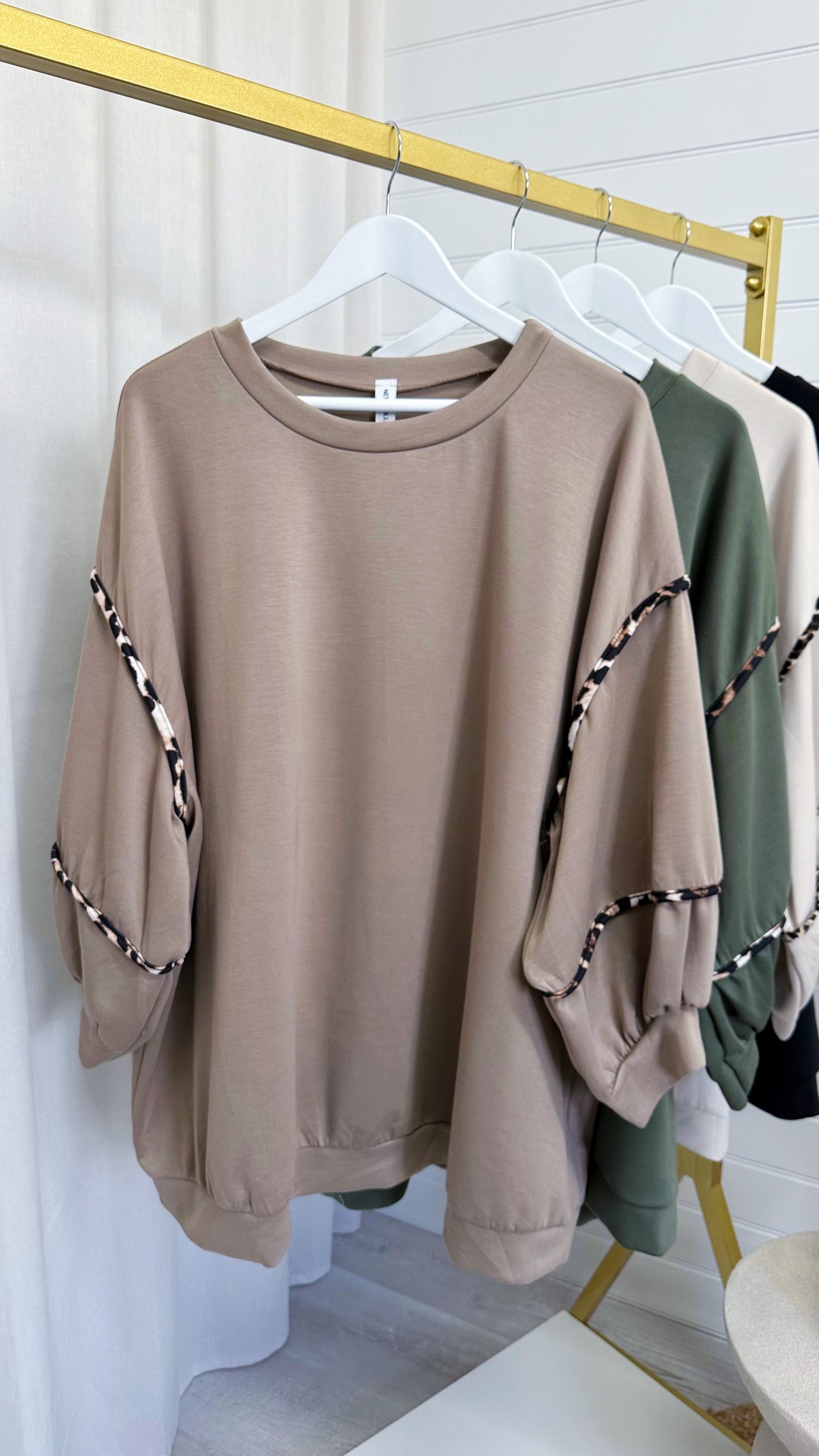 PLUS Balloon Sleeve Leopard Trim Sweatshirt - MOCHA