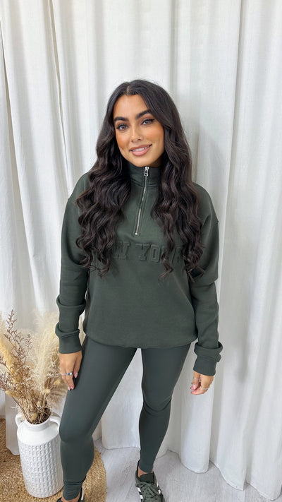 New York Embossed Half Zip Sweatshirt - KHAKI