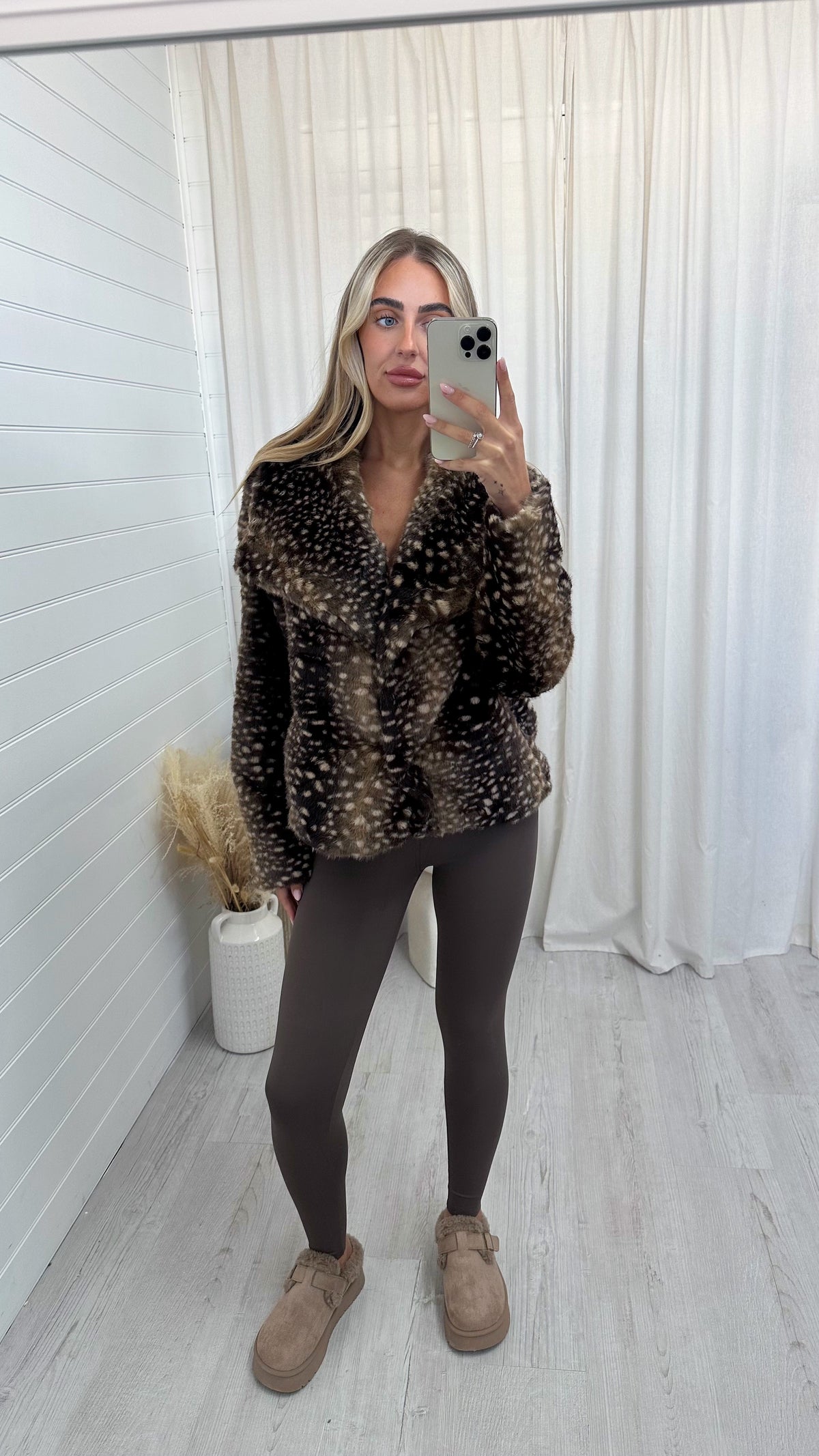 Deer Print Faux Fur Lapel Coat