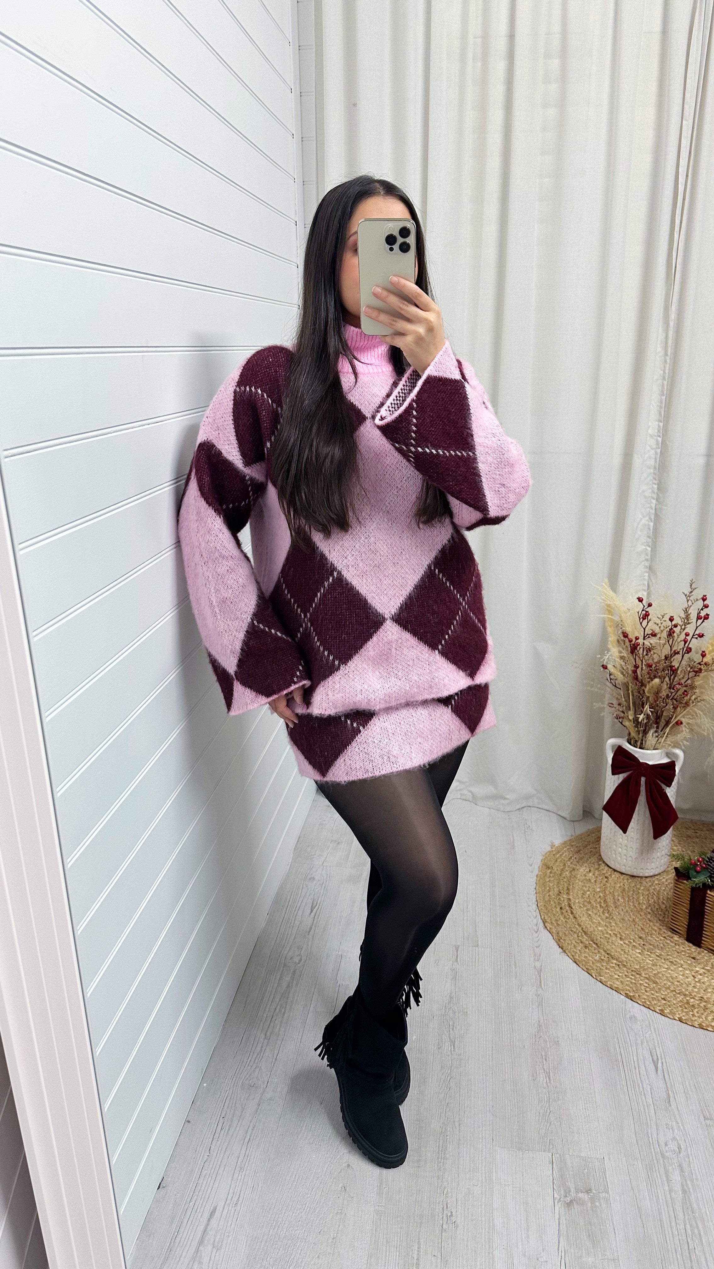 Argyle Woollen Jumper and Skirt Co-Ord - PINK/BURGUNDY