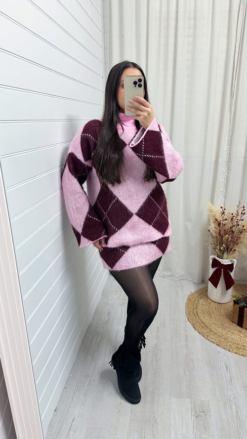 Argyle Woollen Jumper and Skirt Co-Ord - PINK/BURGUNDY