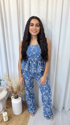 Embroidered Frill Bandeau Jumpsuit - DENIM BLUE