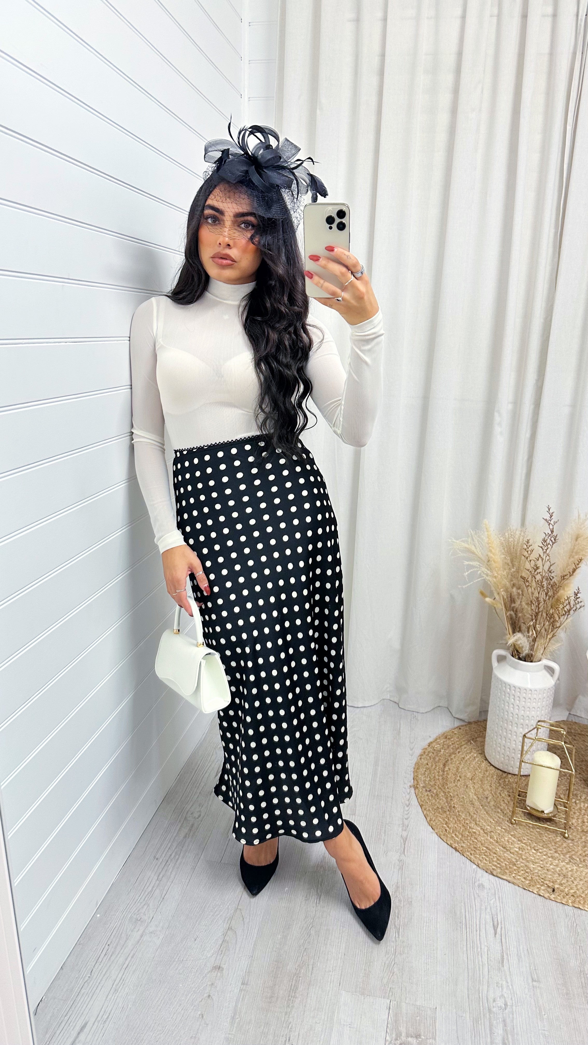 Polka Dot Satin Midi Skirt - BLACK