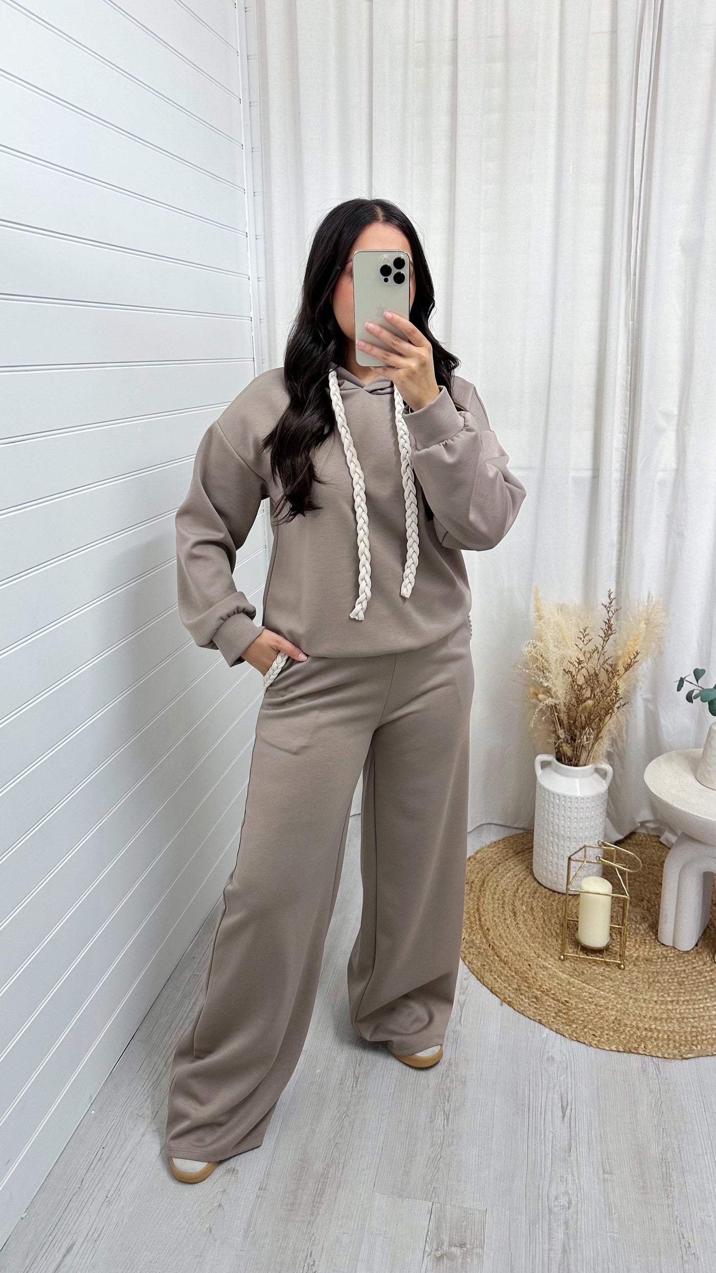 Rope Lace Hoodie and Wide Leg Joggers Co-Ord - MOCHA