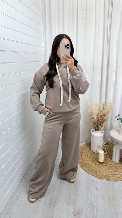 Rope Lace Hoodie and Wide Leg Joggers Co-Ord - MOCHA