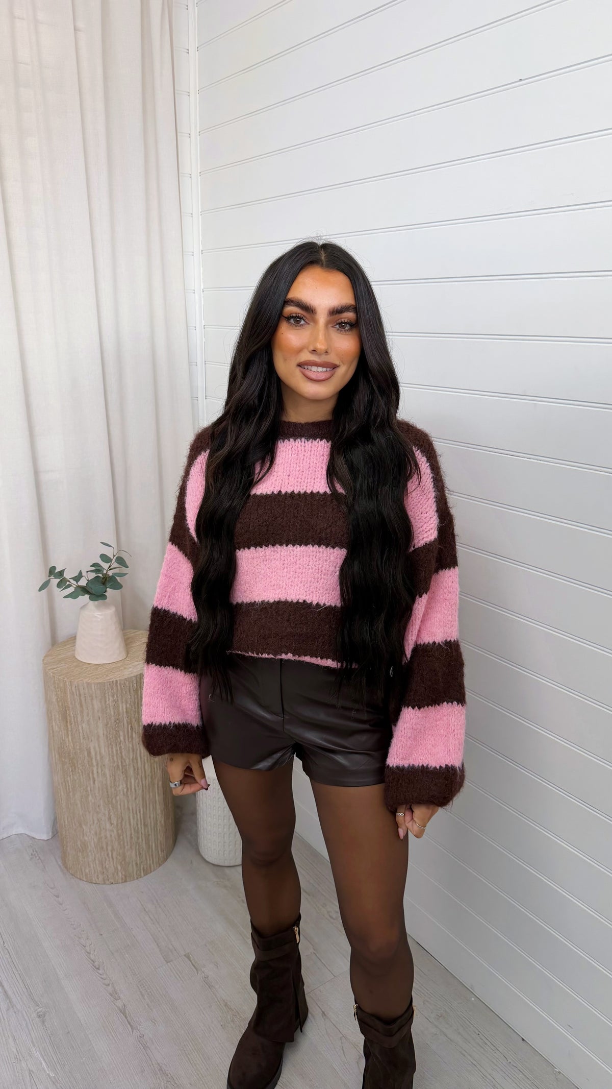 Chunky Stripe Woollen Jumper - PINK/BROWN