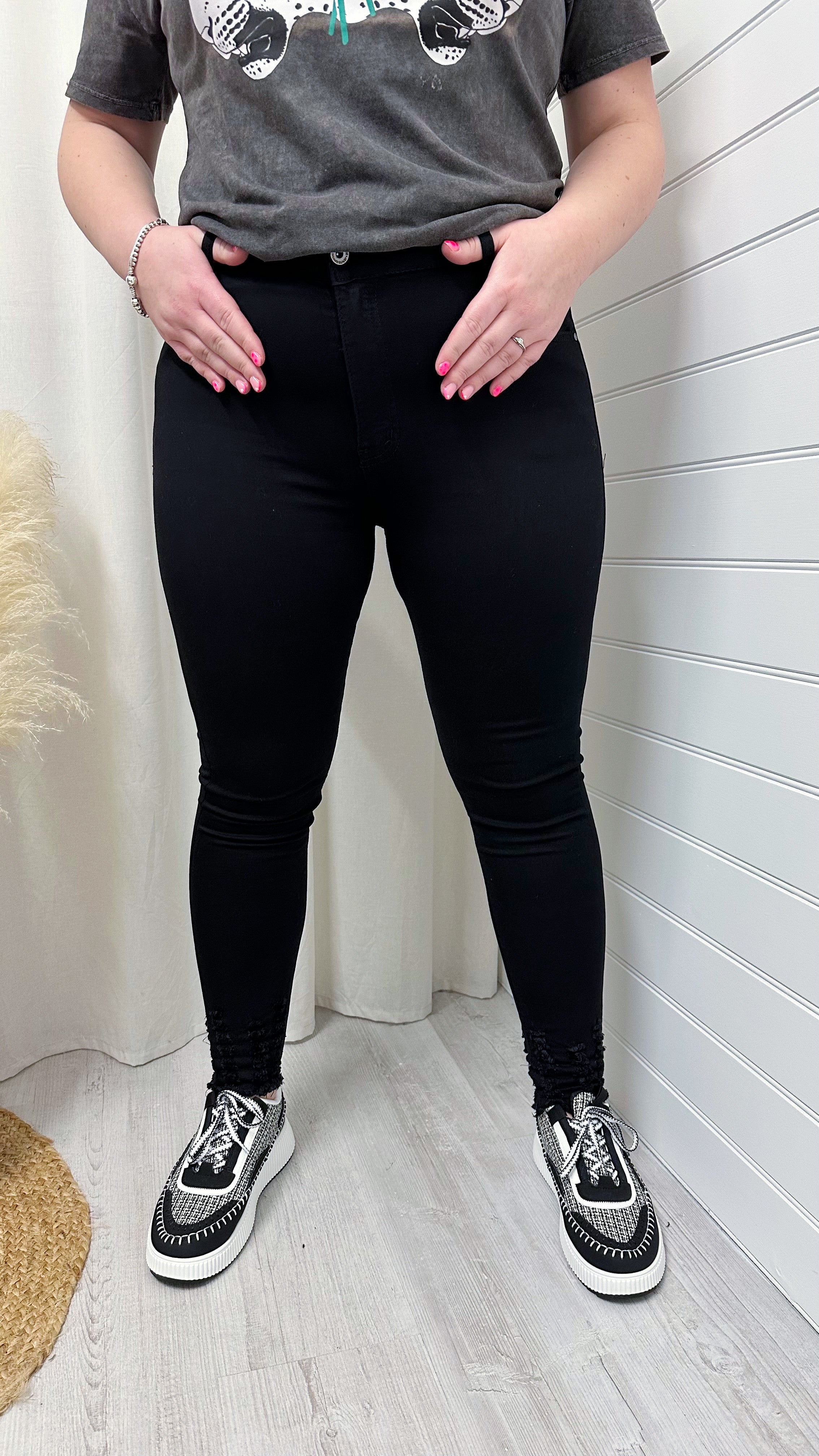 PLUS High Waisted Stretchy Frayed Hem Skinny Jeans - BLACK