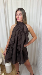 Halter Neck A Line Frill Chiffon Dress - BROWN