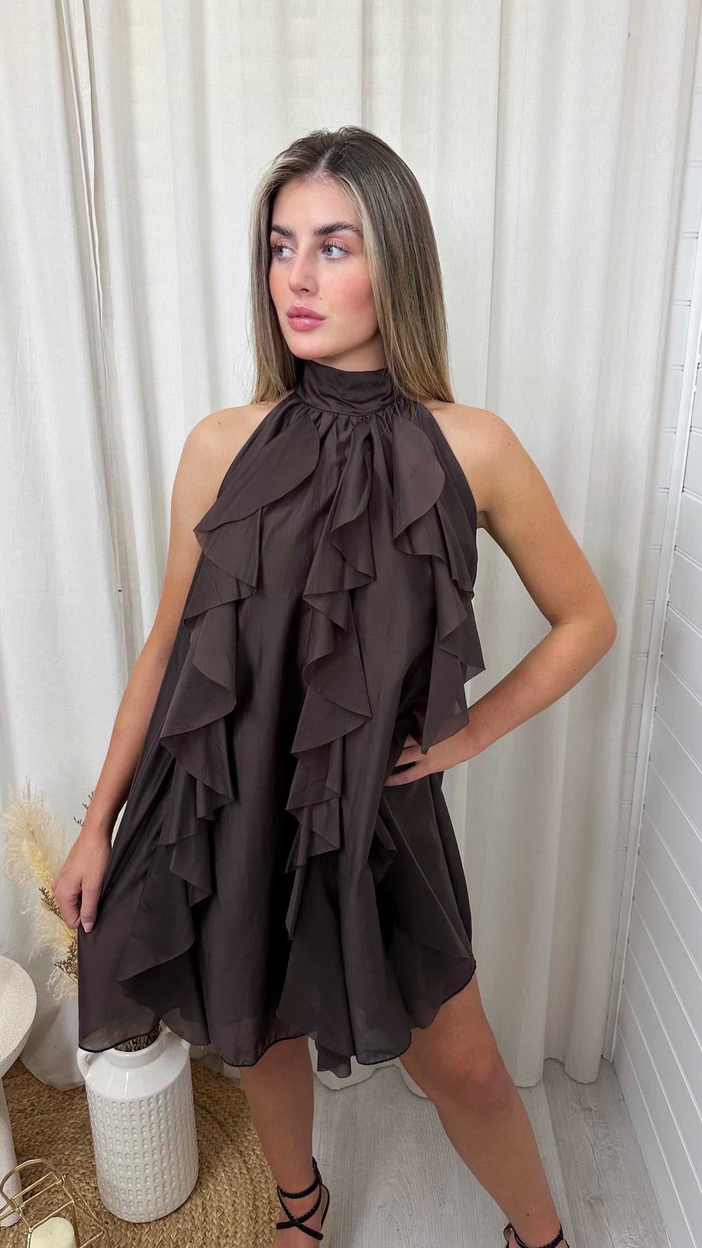 Halter Neck A Line Frill Chiffon Dress - BROWN