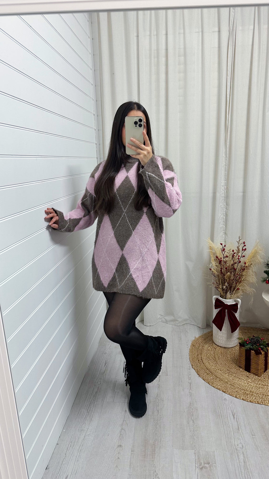 Argyle Woollen Jumper Dress - BABY PINK/MOCHA