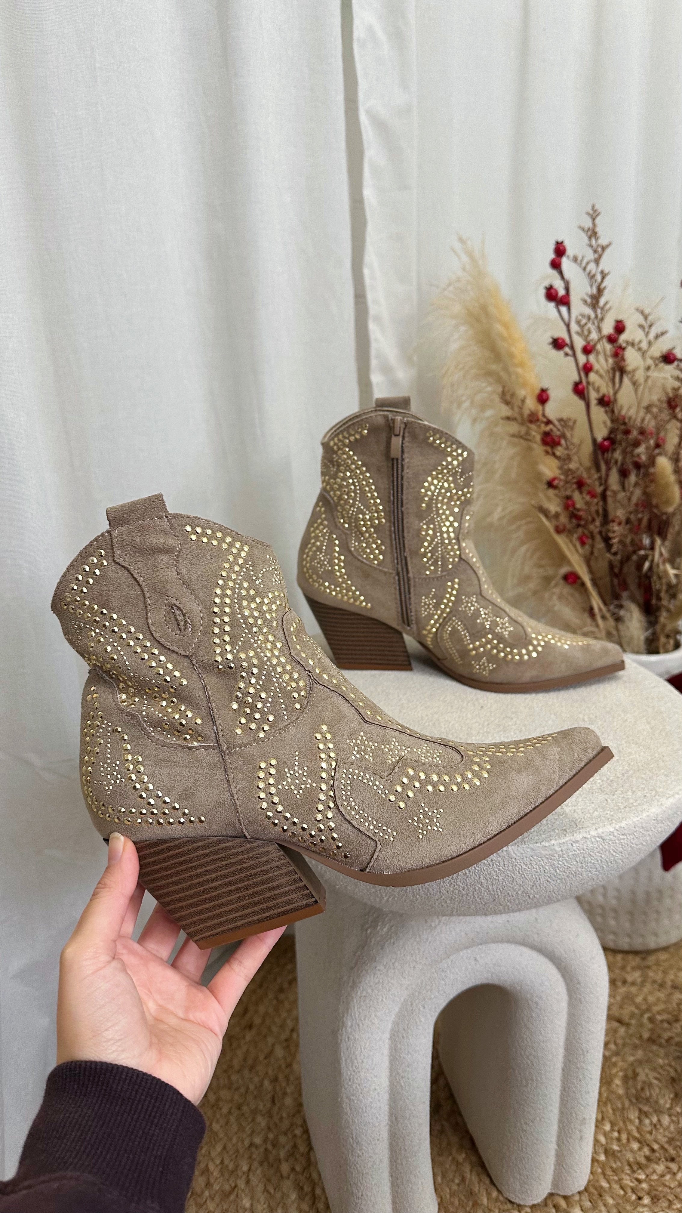 Gold Stud Cowboy Ankle Boots - TAUPE