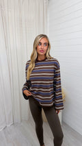 Relaxed Long Sleeve Stripe T-Shirt - BLUE/BROWN