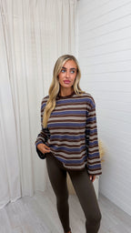 Relaxed Long Sleeve Stripe T-Shirt - BLUE/BROWN
